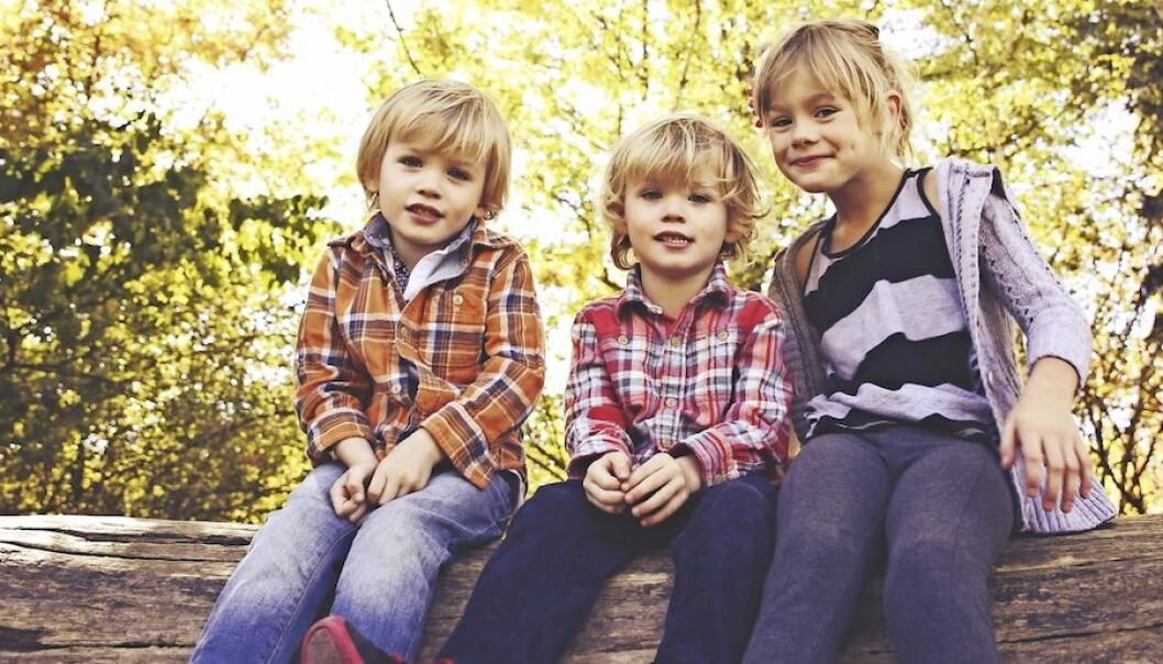 Tre syskon sitter på en trädstam i skogen.