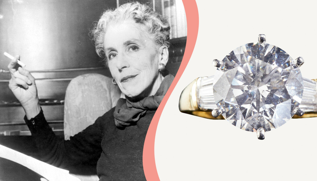 På vänster bild: Karen Blixen – aprilbarn. På höger bild: ring av 18
k guld och
vitguld med en briljantslipad diamant.
