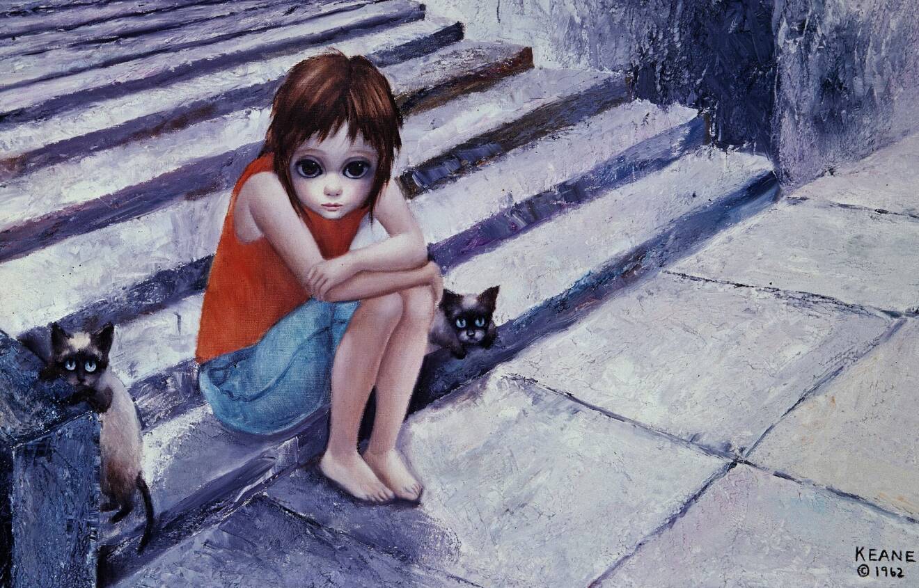 En av Margaret Keanes Big Eye-målningar med flicka och katter med stora, sorgsna ögon.