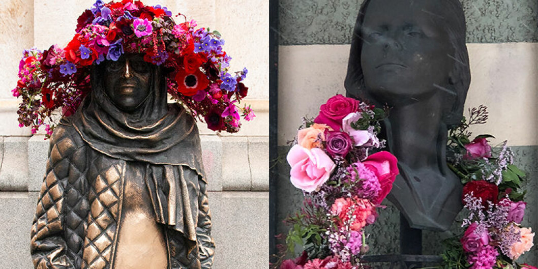 Margaretha Krooks och Greta Garbos statyer i blomsterskrud. statyer interflora