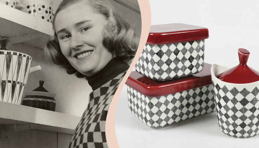 Delad bild. Till vänster svartvit bild på Marianne Westman i svartvit-rutig polotröja bredvid en hylla med delar ur servisen PIcknick. Till höger syns delar ur den svartvitrutiga servisen Red Top.