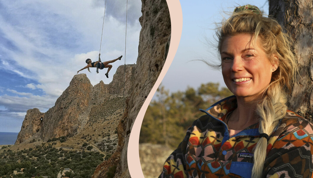Delad bild, äventyraren Marielle Enkvist i närbild samt när hon hänger i linor från ett berg på Sicilien.