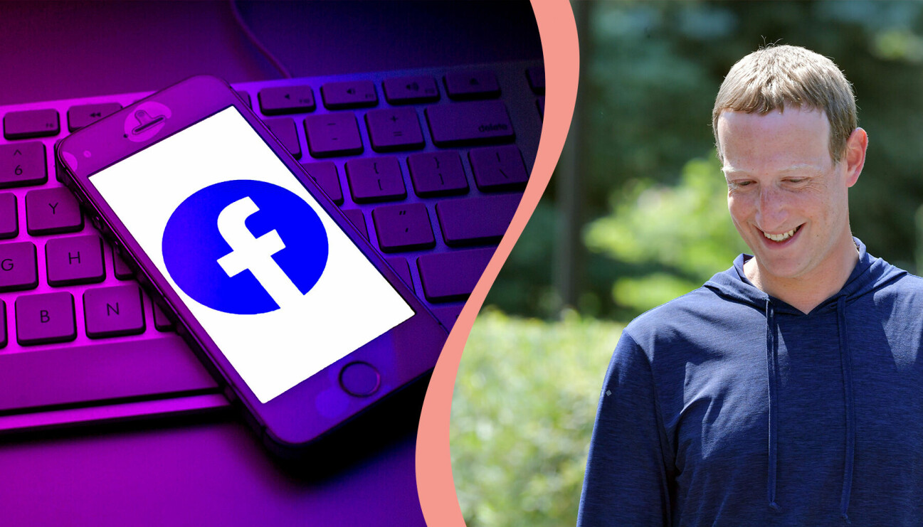 Till vänster, mobiltelefon med Facebook-loggan, till höger, Mark Zuckerberg, Facebooks grundare.