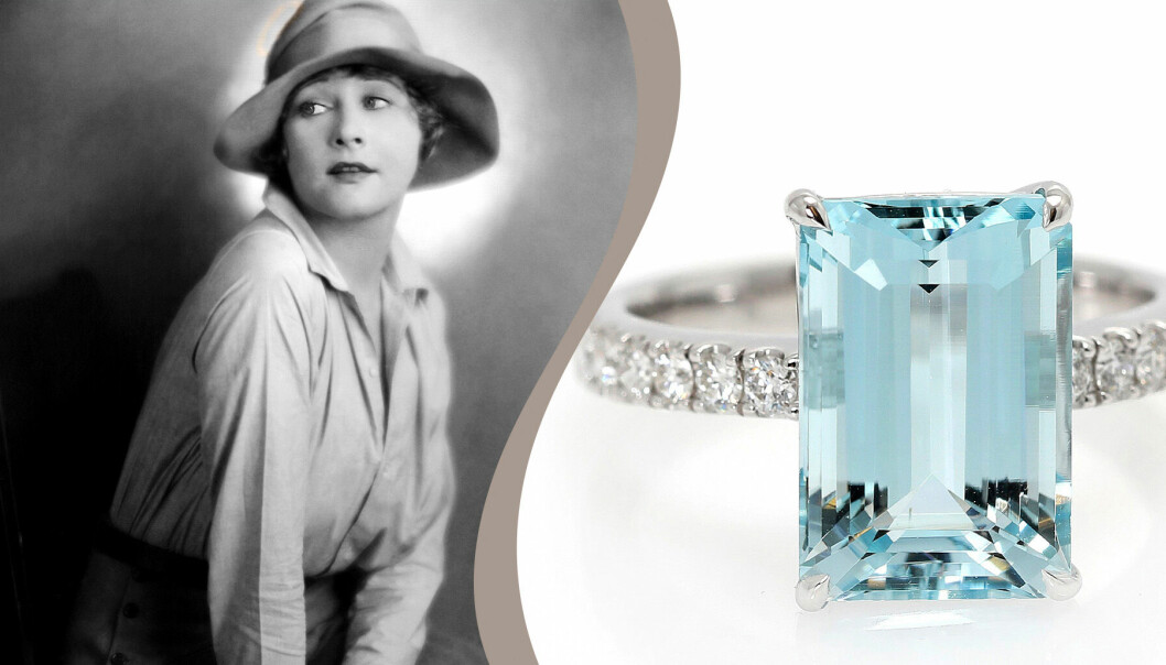 Till vänster: Anna Q. Nilsson ca år 1920 – Marsbarn. Till höger: En ring av 18 k vitguld med smaragdslipad akvamarin.