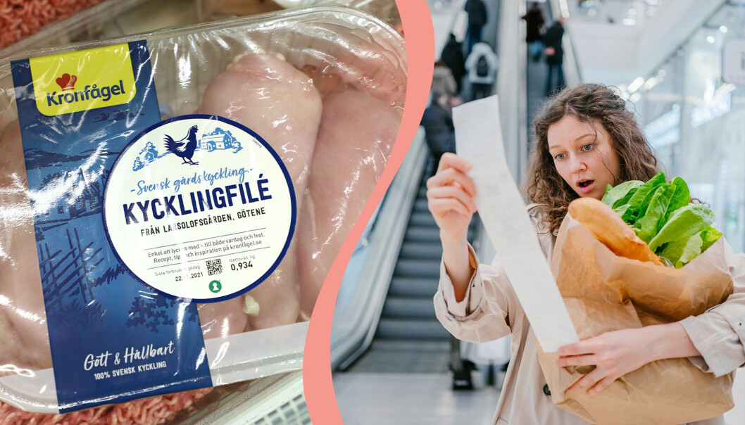 Till vänster: Kronfågel kycklingfilé. Till höger: En kvinna som tittar förvånat på kvittot från matbutiken.