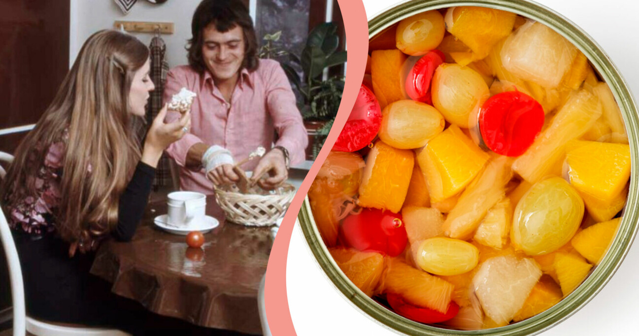 Nostalgimat. Par sitter vid ett bord och äter. Till höger syns konserverad frukt.