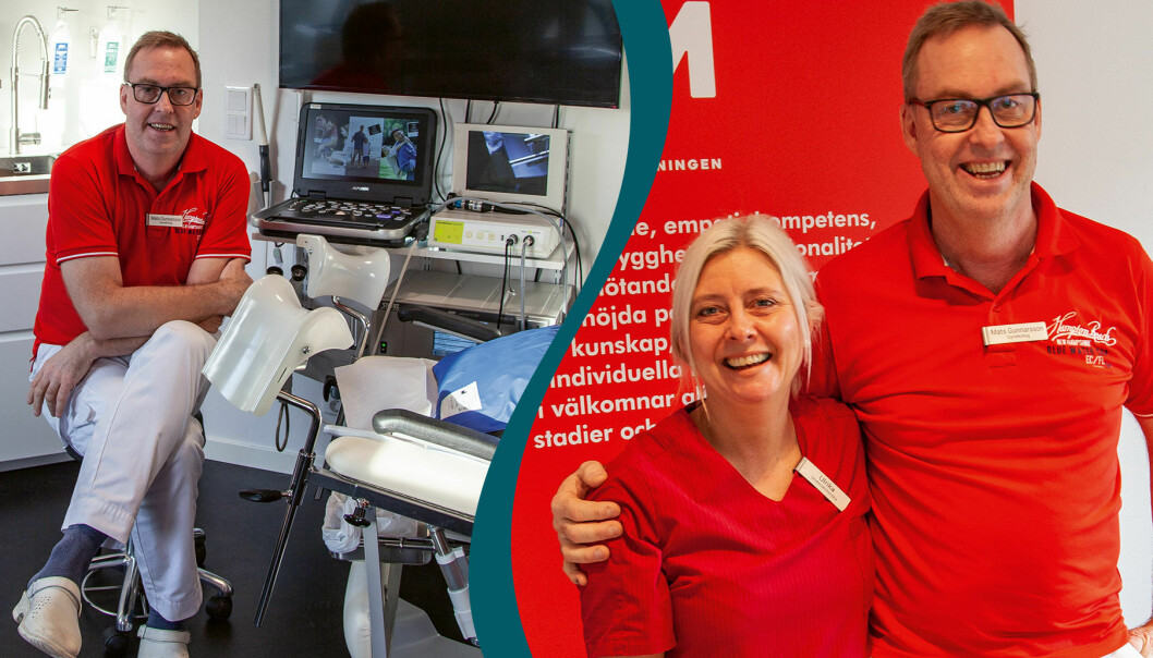 Delad bild. Till vänster gynekolog Mats Gunnarsson i sitt mottagningsrum. Till höger Mats Gunnarsson tillsammans med undersköterskan Ulrika Nilsson.