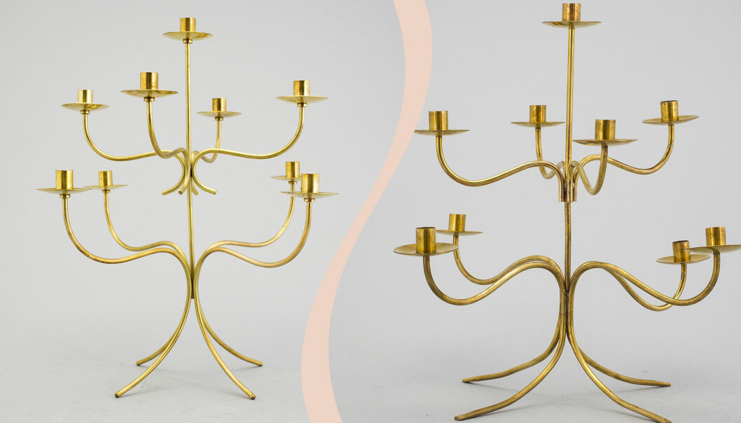 Till vänster: Ystad-Metalls ljusstake från åren kring 1950 har nio ljushållare och är cirka 30 cm hög. Den skiljer sig en aning från Franks modell. Foten är lite kortare och den övre våningen med armar är fästa mot stammen på ett annorlunda sätt. Till höger: Josef Franks ljusstake med modellnummer 2454 värderade Bukowskis till 2000kr för ett par år sedan. Den har nio ljusarmar och är 27cm hög. Två nioarmade mässingsljustakar.