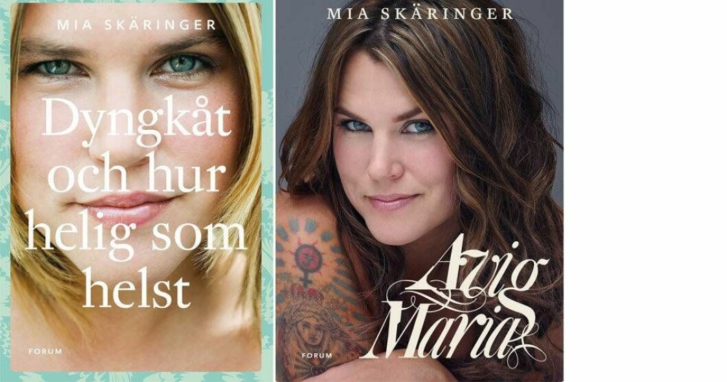 Mia Skäringers bok ”Dyngkåt och hur helig som helst” . <a href="https://apprl.com/al/4LNo/">Läs mer och köp den här</a>. Samt Mias andra bok ”Avig Maria”. <a href="https://track.adtraction.com/t/t?a=1064669490&as=1219652711&t=2&tk=1&url=https://www.bokus.com/bok/9789175031170/avig-maria/">Läs mer och köp den här.</a> <a href="https://apprl.com/al/4LNp/">Eller här.</a> Bokomslag med Mia Skäringer