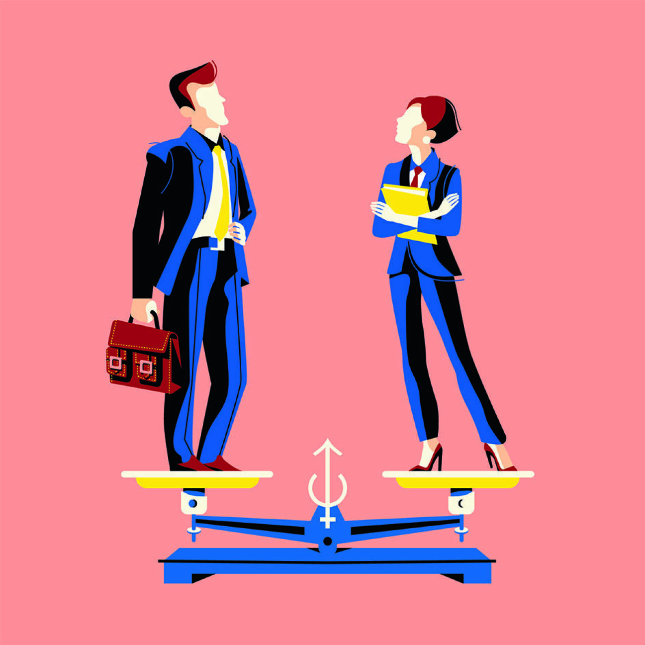 En illustrerad bild av en man och kvinna som båda står på en jämn vågskål