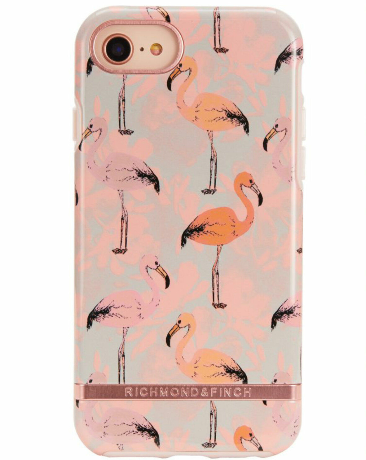 Mobilskal, rosa med flamingos.