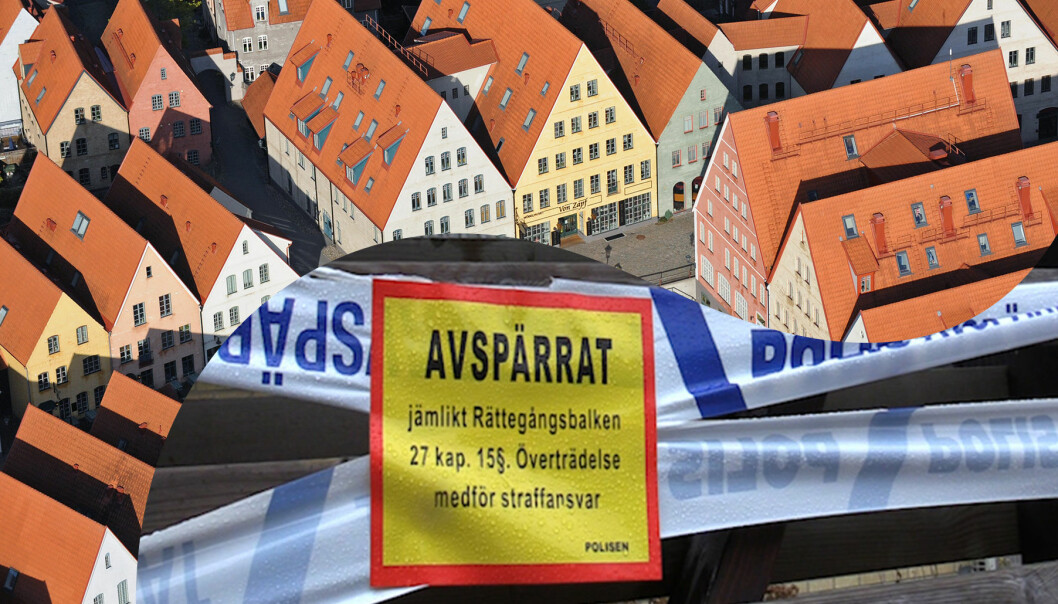 Kollage av polisavspärrningar och stadsbild av Hjärup