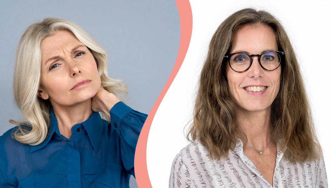 Till vänster, en kvinna som håller sig för nacken och upplever smärta, till höger, Eva Ageberg, sjukgymnast och professor i fysioterapi vid Lunds universitet