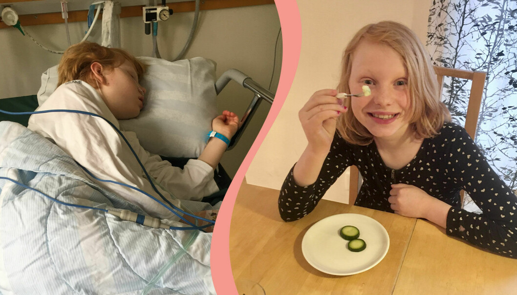 Delad bild. Till vänster Nora Nilsson i en sjukhussäng. Till höger Nora Nilsson som äter gurka.
