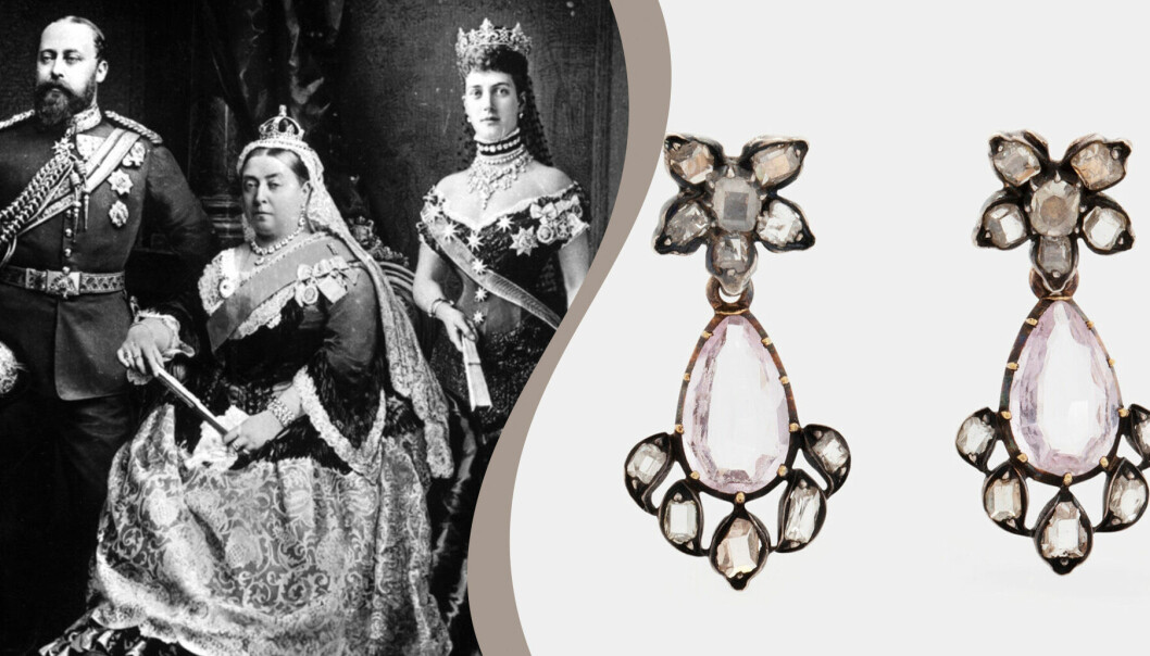 Till vänster: Prinsessan Alexandra – novemberbarn. Till höger: Droppformade rosa topas-örhängen.