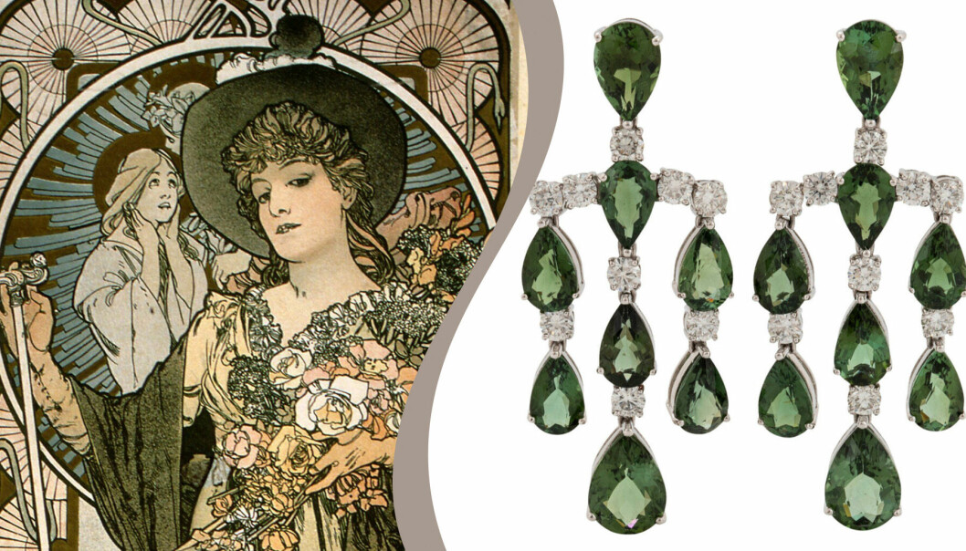 På vänster bild: Sarah Bernhardt i La Tosca på Alphonse Muchas affisch från cirka 1895. På höger bild: Ett par örhängen av 18 k vitguld med facettslipade gröna turmaliner och runda briljantslipade diamanter.