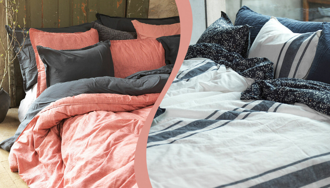 Sängkläder i olika färger.