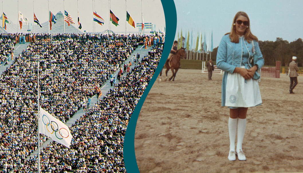 Montage av två bilder: På den ena syns OS-flaggan och nationsflaggor på halv stång vid fyllda läktare vid olympiska spelen i München 1972. På den andra ses Anna-Sophia von Celsing i sin ljusblå och vita OS-värdinneklädsel på en ridsportbana.