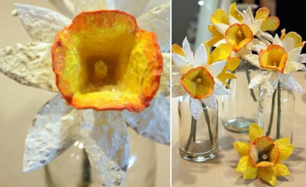 Tjusiga påskliljor av äggkartong. Bild: <a href="http://sweetsomethingdesign.blogspot.se/2012/02/daffodil-tutorial.html?showComment=1330106396728#c2605673302309769673" target="_blank" rel="noopener">sweetsomethingdesign.blogspot.se</a> Påskpyssel med äggkartong. Skapa vackra påskliljor.