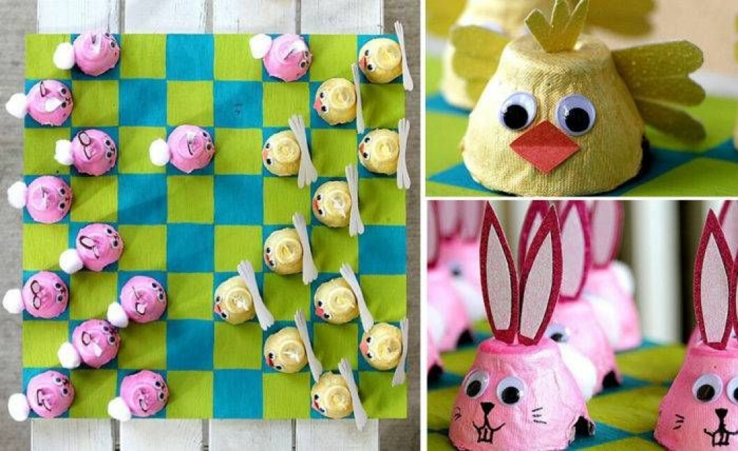 Schackmatt i påskskrud. Bild: <a href="http://www.tonyastaab.com/2011/04/easter-checkers.html" target="_blank" rel="noopener">tonyastaab.com</a> Påskpyssel med äggkartong.
