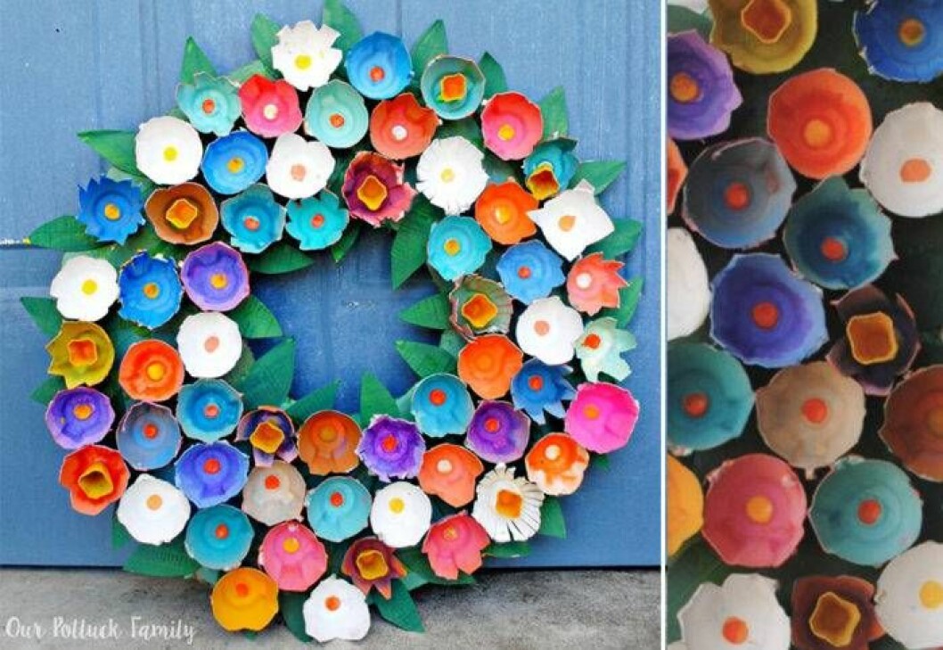 En påskkrans av äggkartong pryder vilken dörr eller vägg som helst. Bild: <a href="https://ourpotluckfamily.com/egg-carton-wreath/" target="_blank" rel="noopener">ourpotluckfamily.com</a> Påskpyssel med äggkartong. Gör en tjusig påskkrans av äggkartong.