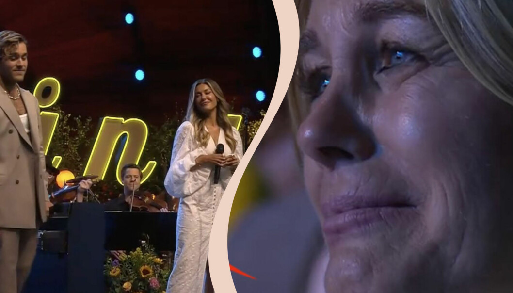 Delad bild. Till vänster Benjamin och Bianca Ingrosso på Allsångsscenen. Till höger Pernilla Wahlgren i närbild med tårar i ögonen.