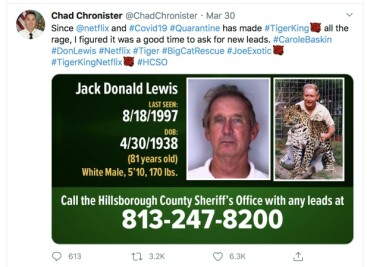 Chad Chronister, sheriff i Hillsborough County, efterlyser ny information i fallet med Don lewis gamla försvinnande efter Netflix-dokumentären. Foto: TT Polisen efterlyser ny information i Don Lewis försvinnande.