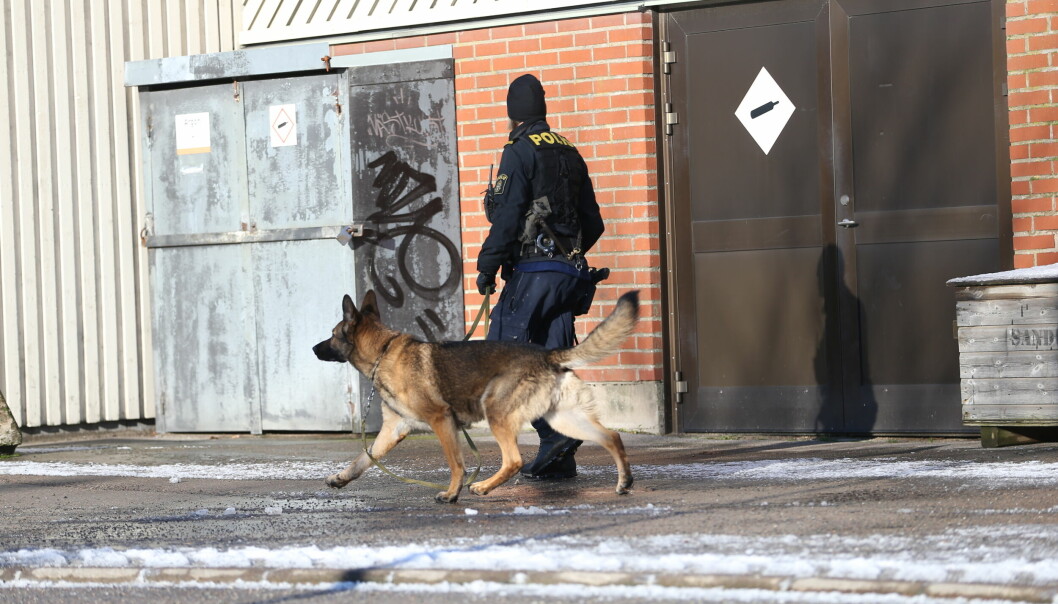 Yxmannen hade beväpnat sig med kniv och yxa och skadade en elev lindrigt vid händelsen på Peder Skrivares skola. polis med polishund söker vid skolan.