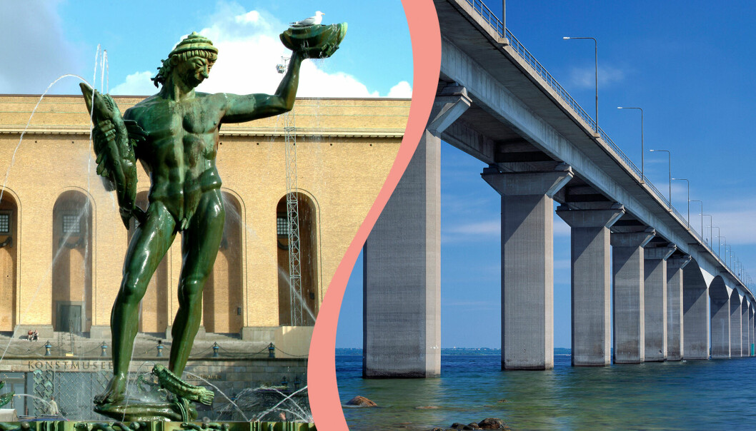 Till vänster, statyn Poseidon i Göteborg, till höger, Ölandsbron.