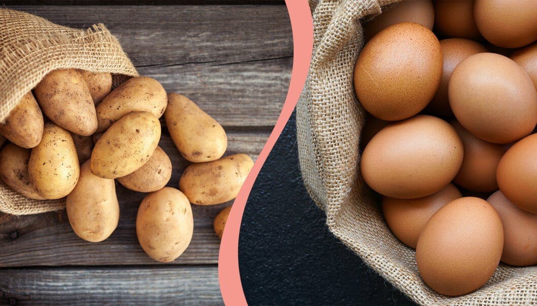Till vänster, potatis, till höger, ägg.