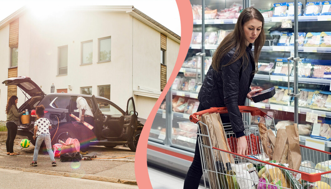På vänster bild: småbarnsfamilj som packar bilen på sin uppfart. På höger bild: kvinna som handlar i matbutiken.