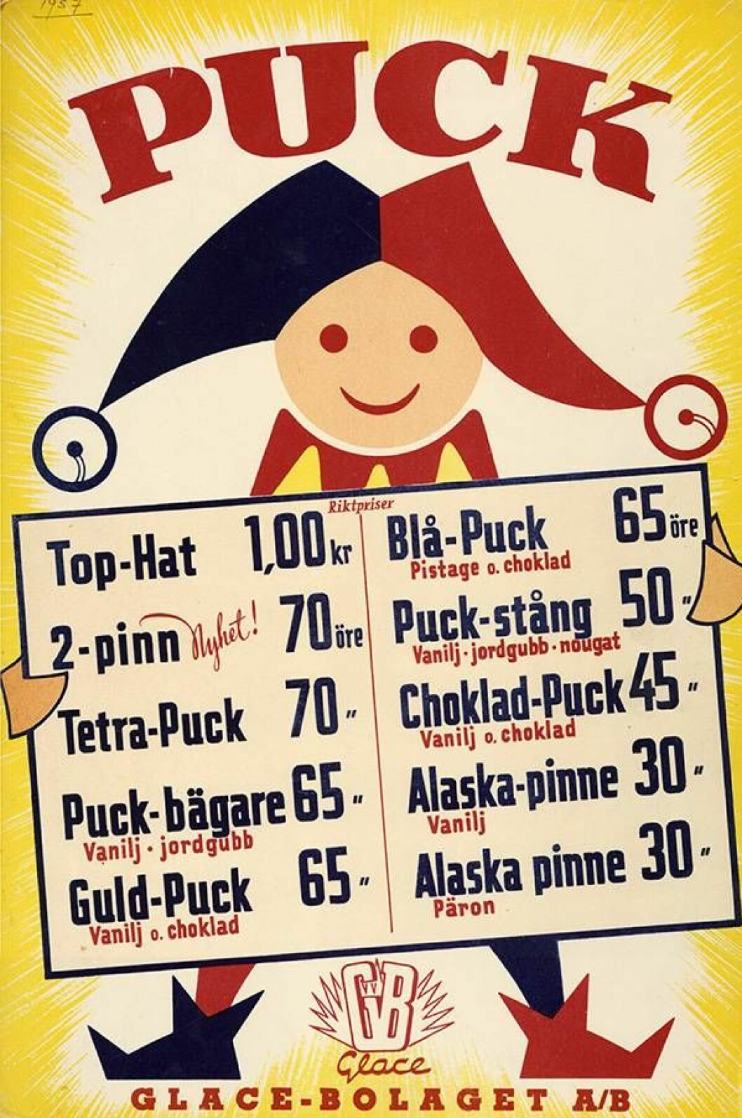 För 60 år sedan gällde det att veta hur glassarna såg ut, de fanns inte på bild vid kioskerna. Alaskapinnen kostade bara 30 öre. Arraksglassen 2-pinn, en utseendemässig föregångare till Igloon, var årets nyhet. Foto: GB Glace/Unilever/Centrum för Näringslivshistoria Nostalgisk glasskarta för GB