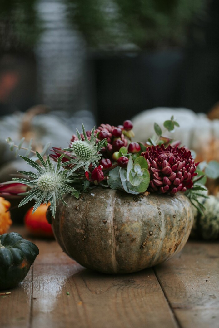 En pumpa kan överraska som vas. I pumpan finns krysantemum, martorn, eukalyptus och johannesörtbär (se beskrivning nedan) Pumpa med blommor i.