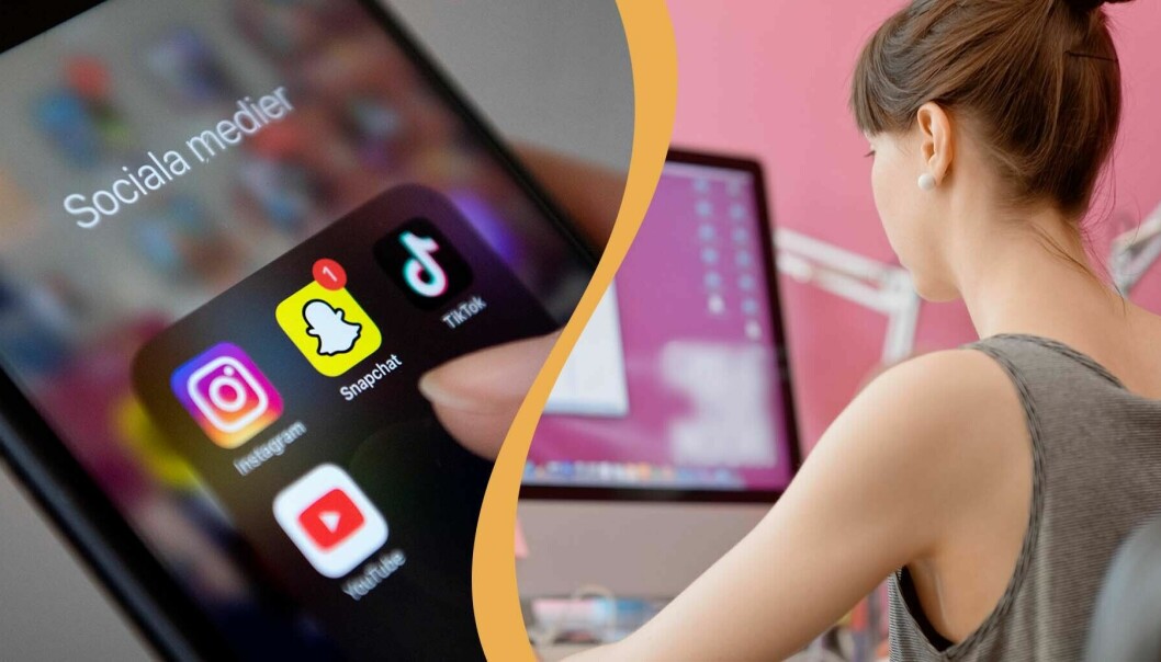 På vänster bild: olika appar i en telefon – sociala medier. På höger bild: En kvinna som sitter vid datorn.