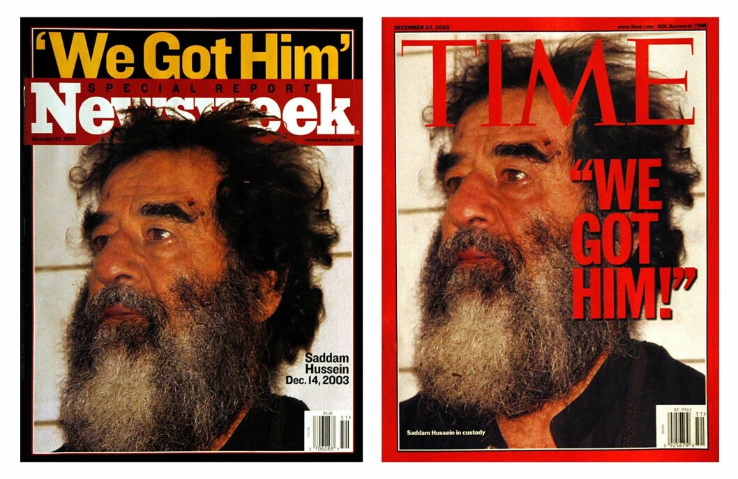 Det blev en världsnyhet när Saddam Hussein hittades den 13 december 2003 i en underjordisk håla vid en bondgård utanför hemstaden Tikrit. Omslag på Saddam Hussein när han är skäggig och sliten