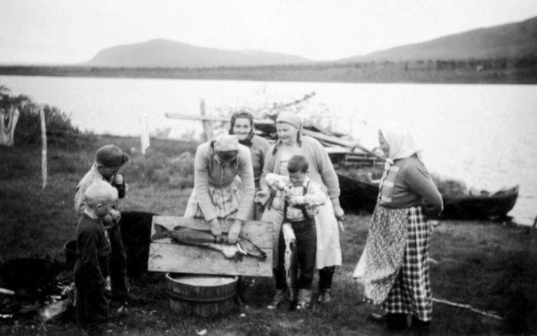 Hos farmor och farfar i Salmi fick Börje ta del av allt det arbete som görs på en gård, sköta djuren, klippa gräset och rensa fisk. Farmor Ida övervakar Stig som tar hand om en stor gädda. ”Farmor var världens snällaste!” Börje Salmin hos farmor och farfar i Salmi