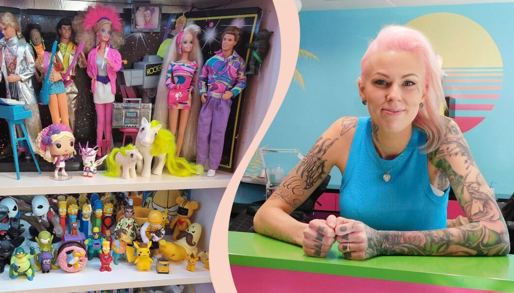 Delad bild: Tatueraren Sandra Palmgren, samt hennes samling av dockor och leksaker.