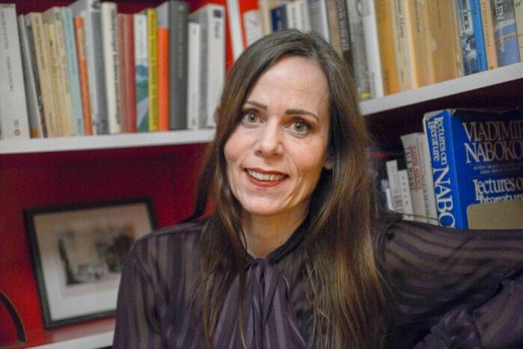 Sara Danius när hon fått beskedet om att hon blir invald i Svenska Akademien på stol nummer sju.