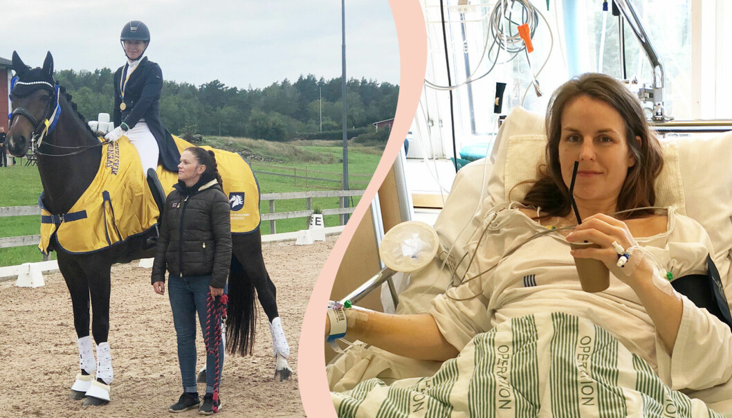 Till vänster, Sara Grönwall på hästen Maddox, bredvid står hennes medryttare, Maria Blom, till höger, Sara Grönwall på sjukhuset.