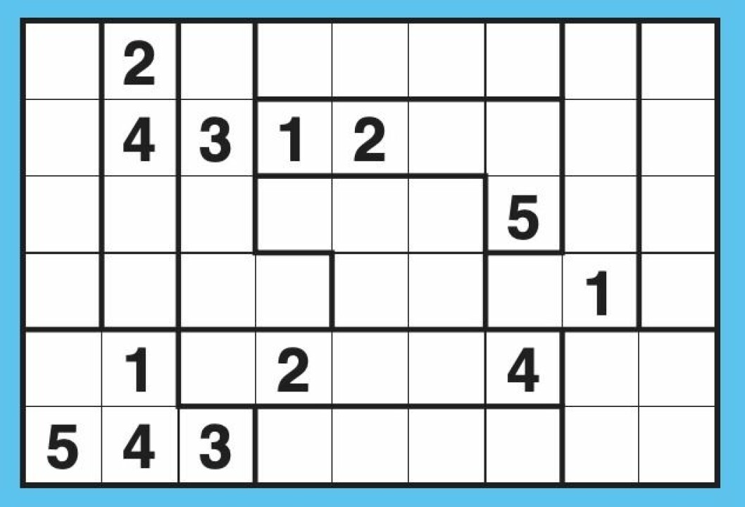 Exempel på en suguru-spelplan. De kan varieras i det oändliga och svårighetsgraden avgörs av antalet rutor och hur många siffror som är ifyllda från början.