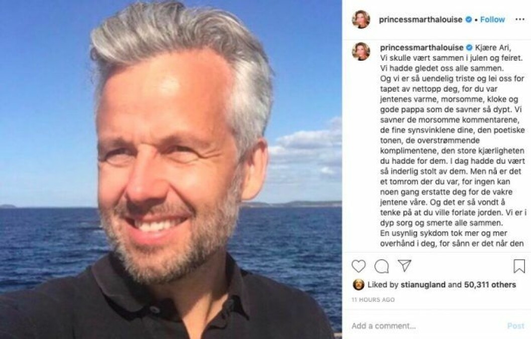Märtha Louise skriver på Instagram om sorgen efter Ari Behn.