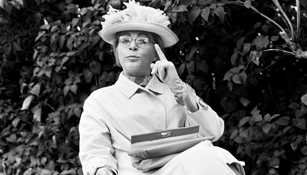 Från inspelningen av Pippi Långstrump 1968 – Margot Trooger, tysk skådespelerska, som fröken Prysselius (Prussiluskan). Margot Trooger som fröken Prysselius.