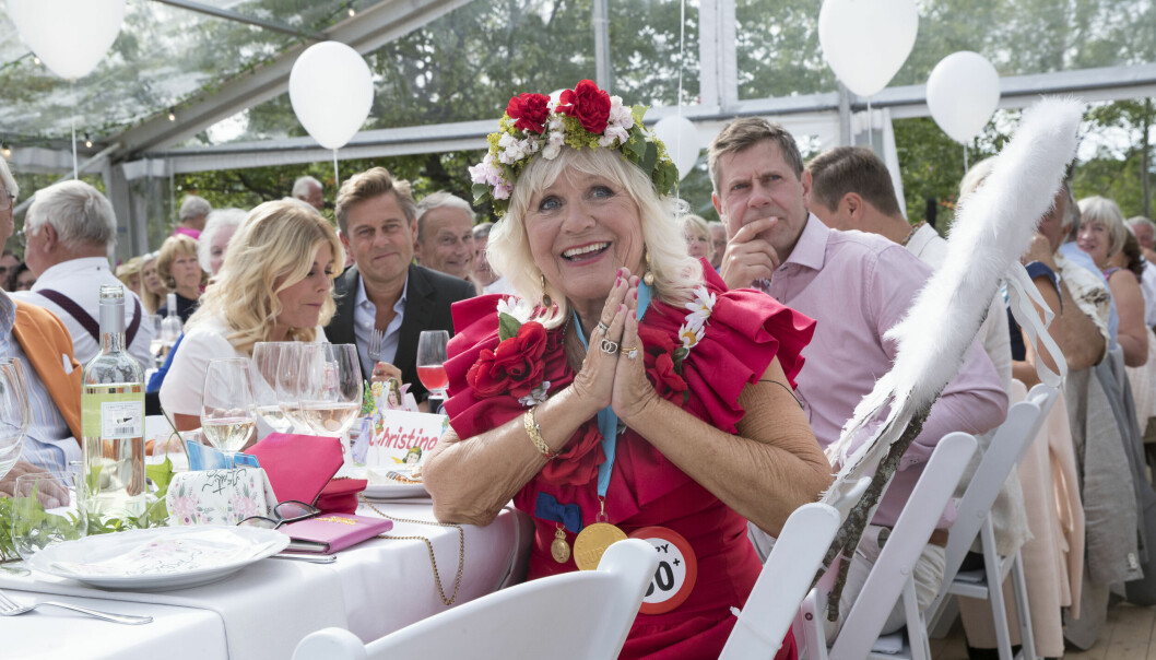 Christina Schollin, Peter Wahlgren, Pernilla Wahlgren, Niclas Wahlgren under Christina Schollins 80-årsfest 2018.