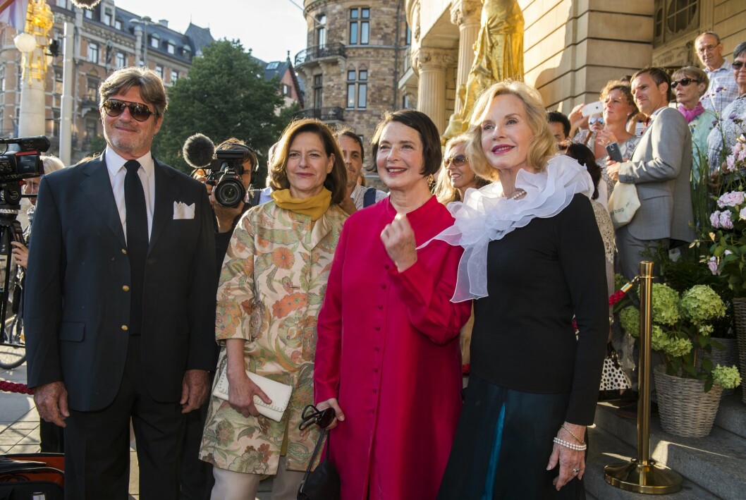 Roberto Rossellini, Ingrid Rossellini, Isabella Rossellini och Pia Lindström på premiären av Jag är Ingrid på Dramaten 2015.