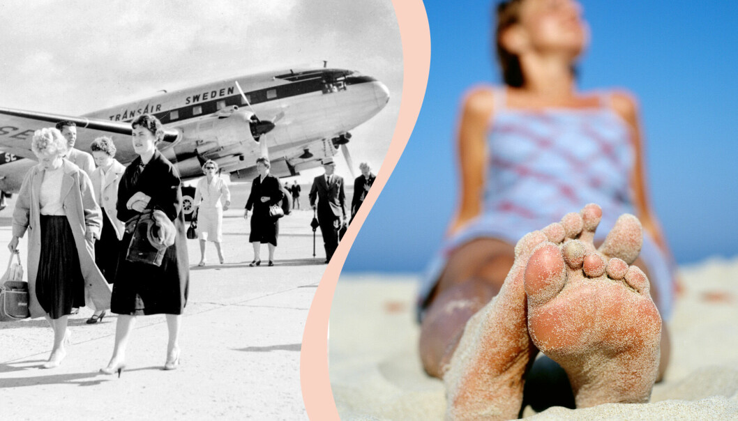 Flygplan till vänster och kvinna i sanden till höger.