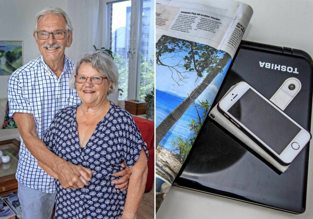 Ann-Britt och Tommy tillsammans och tidning, dator och mobiltelefon.
