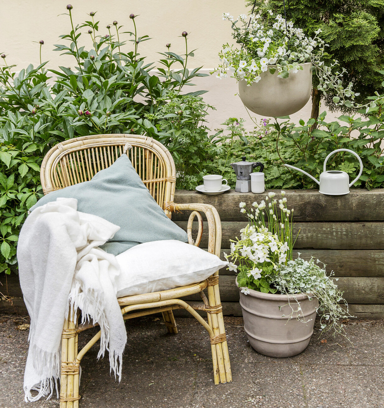 Skapa en uteplats med silvriga och vita blommor i krukor och amplar.