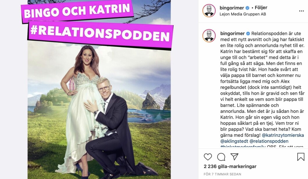 Bingo Rimérs Instagraminlägg där han skämtar om att göra Katrin Zytomierska gravid. skärmdump av bingo rimérs inlägg på Instagram