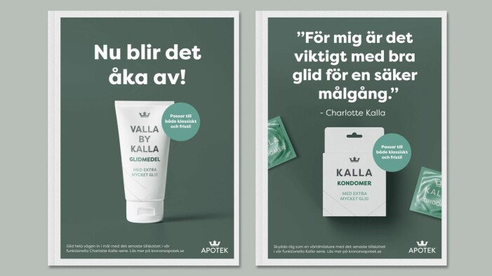 Den fejkade reklamen för Charlotte Kallas kondomer och glidmedel. reklambilder för Charlotte Kalla kondomer och glidmedel.