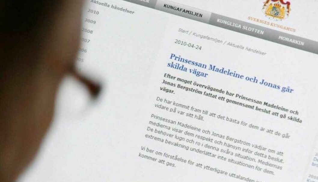 Hovets pressmeddelande som bekräftade att prinsessan Madeleine och Jonas Bergström brutit sin förlovning. Skärmdump av Hovets pressmeddelande om Jonas och Madeleines separation.